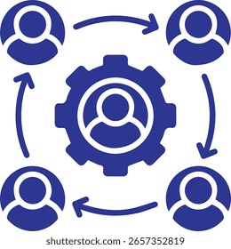 gear icon surrounded by five human silhouettes with arrows connecting them, digital collaboration, teamwork	