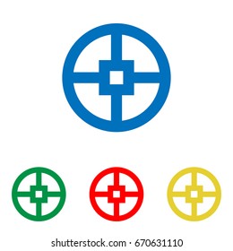 Gear icon. Vector. Big blue flat icon with red, green and yellow small icons at white background. Isolated.