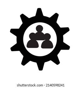 Gear icon vector and illustration silhouette design with three people working together symbol