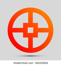 Gear icon. Vector. Orange, red-yellow icon with shadow on gray background.