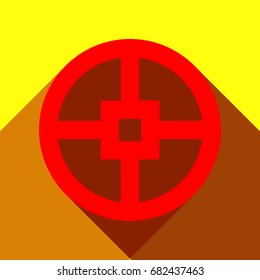 Gear icon. Vector. Red icon with two flat reddish shadows on yellow background.
