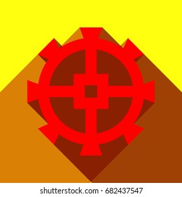 Gear icon. Vector. Red icon with two flat reddish shadows on yellow background.