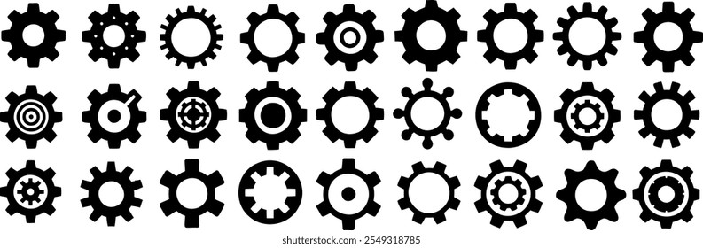 Gear icon vector set, black gears silhouette showcasing mechanical symbols. Industrial cogwheels, engineering tools, and gear shapes for technology, machinery, and settings concepts