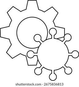 Zahnradsymbol und Virussymbol auf weißem Hintergrund.mit schwarzen Linien