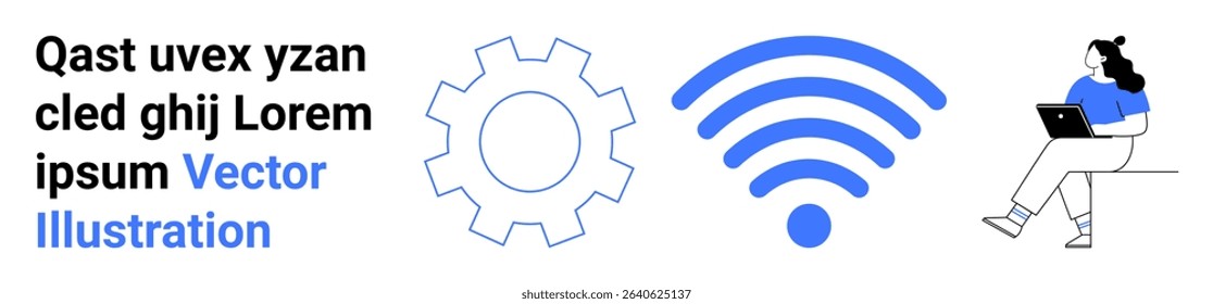 Gear icon, wireless symbol, and woman using laptop, emphasizing technology, engineering, connectivity. Ideal for tech, networking, online learning, freelance, digital transformation remote work