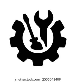 Gear Icon With Wrench and Screwdriver. Symbol For Repair. Workshop and Construction Work Tools. Customizable thin line illustration.  Editable stroke.