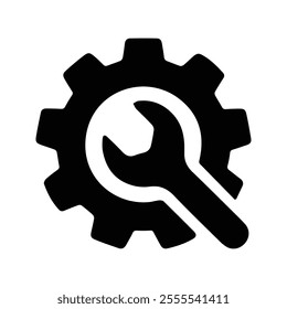 Gear Icon With Wrench. Symbol For Repair. Workshop and Construction Work Tools. Customizable thin line illustration.  Editable stroke.