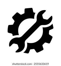 Gear Icon With Wrench. Symbol For Repair. Workshop and Construction Work Tools. Customizable thin line illustration.  Editable stroke.