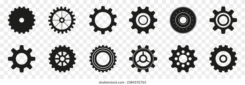 Gear icons in black. Set of simple gear signs. Black gear wheel icons on a transparent background. Gear wheel icon collection