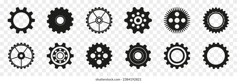 Gear icons in black. Set of simple gear signs. Black gear wheel icons on a transparent background. Gear wheel icon collection