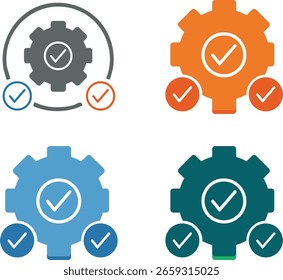 Engrenar ícones com configurações de marcas de verificação, configuração e vetor de símbolos de verificação para design