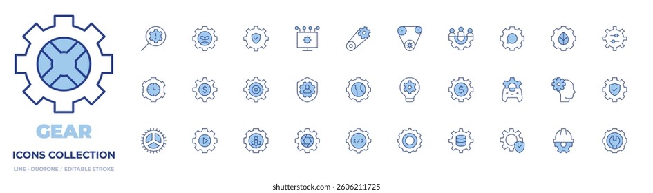 Gear icons collection. Line Duotone style, editable stroke. identify, privacy, gear, setting, time management, settings, team, secure, api, cogwheels, coding.