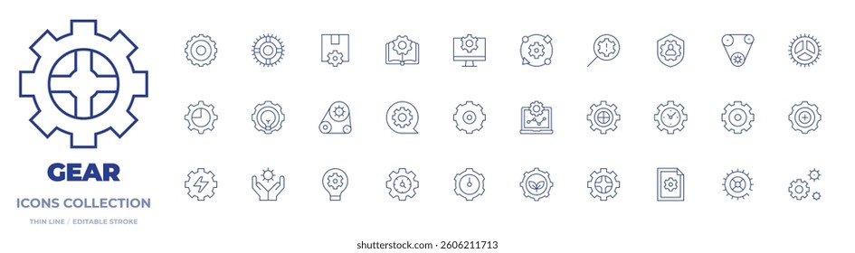Gear icons collection. Thin Line icons, editable stroke. electric gear, gear, light bulb, pie chart, cogwheel, settings, order fulfillment, mechanism.