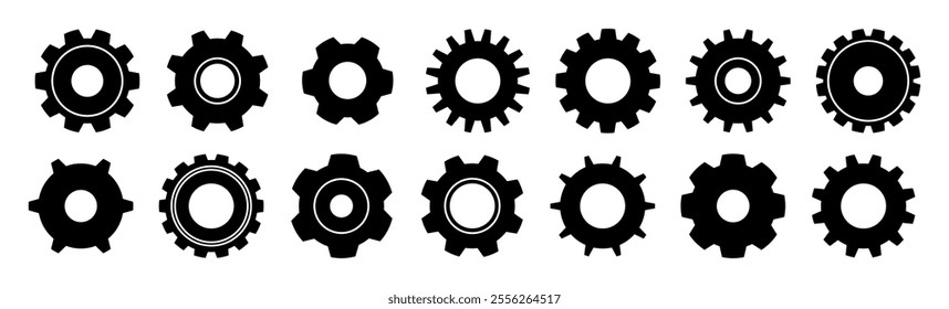 Gear icons collection. Vector isolated metal pinions and cogs. Wheels mechanism element. Cogwheels templates. Components of mechanical systems. Constituents of simple devices and engines