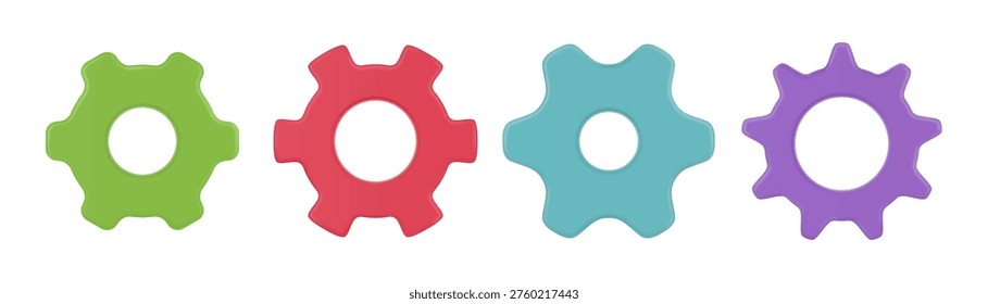 Gear icons collection. Vector isolated 3d pinions and cogs. Wheels mechanism element. Cogwheels templates. Components of mechanical systems. Constituents of simple devices and engines