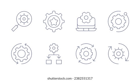Gear icons. Editable stroke. Containing settings, solutions, progressive, framework, software, running, exchange, technical support.