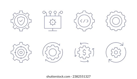 Gear icons. Editable stroke. Containing secure, settings, api, coding, finance, solutions.