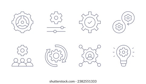 Gear icons. Editable stroke. Containing gears, worker, cogwheel, change, check, skills, agile, development.