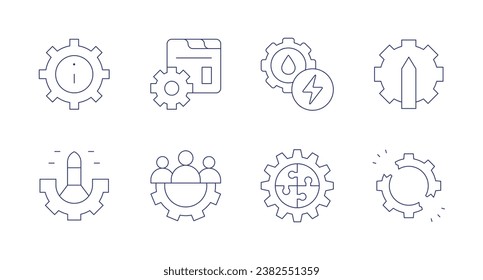 Gear icons. Editable stroke. Containing options, rocket, gear, teamwork, energy, puzzle, disruption, edit tools.