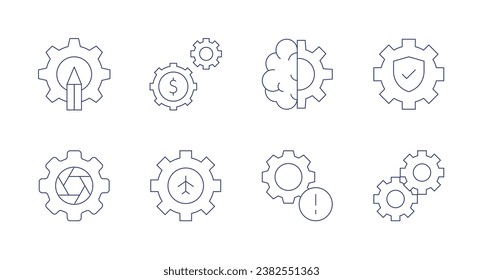 Iconos del engranaje. Trazo editable. Conteniendo engranajes, ajustes, ajuste, aprendizaje automático, advertencia, rueda cognoscitiva.