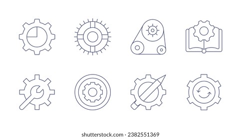 Gear icons. Editable stroke. Containing pie chart, cogwheel, settings, mechanism, creative process, book, restore.