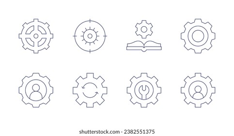 Gear icons. Editable stroke. Containing gear, user, target, process, manual book, maintenance, settings.