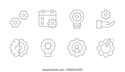 Gear icons. Editable stroke. Containing gears, mind, calendar, gear, idea, user, disruption.