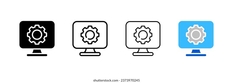 Gear icons on a computer screen. Different styles, computer settings, monitor with gear. Vector icons