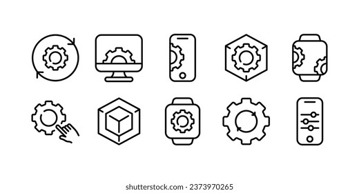 Gear icons. Outline, black, settings icons, settings gear. Vector icons