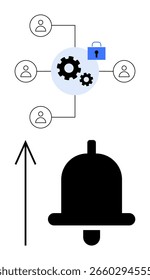 Iconos de engranajes y candado rodeados de iconos de usuario conectados por líneas que sugieren trabajo en equipo y seguridad. La flecha hacia arriba y el símbolo de campana implican alerta y notificación. Ideal para trabajo en equipo, gestión