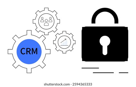 Gear icons representing CRM, analytics, and customer relationships alongside a large padlock symbolizing security. Ideal for CRM systems, data protection, customer management, business analytics