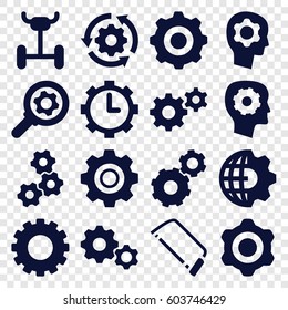 Gear icons set. set of 16 gear filled icons such as hacksaw