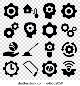 Gear icons set. set of 16 gear filled icons such as hacksaw, arm lever, cd on hand