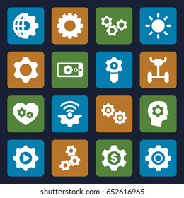 Gear icons set. set of 16 gear filled icons such as contrast