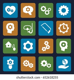 Gear icons set. set of 16 gear filled icons such as hacksaw, cd on hand, smart home