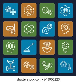 Gear icons set. set of 16 gear outline icons such as arm lever, smart home, snorkel