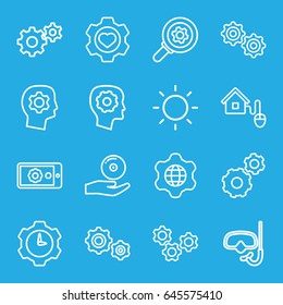 Gear icons set. set of 16 gear outline icons such as cd on hand, contrast, smart home