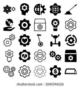 Gear icons. set of 25 editable filled and outline gear icons such as wheel, arm lever, hacksaw