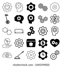 Gear icons. set of 25 editable filled and outline gear icons such as arm lever, hacksaw, wheel