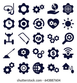 Gear icons set. set of 25 gear filled icons such as hacksaw, arm lever, cd on hand, contrast, smart home, snorkel