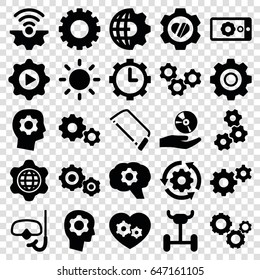 Gear icons set. set of 25 gear filled icons such as hacksaw, cd on hand, contrast, snorkel