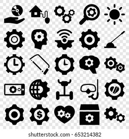 Gear icons set. set of 25 gear filled icons such as hacksaw, arm lever, cd on hand, contrast, smart home, snorkel
