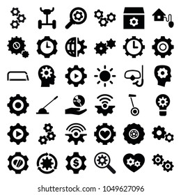 Gear icons. set of 36 editable filled gear icons such as wheel, arm lever, cd on hand, contrast, smart home, snorkel