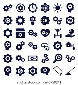 Gear icons set. set of 36 gear filled icons such as hacksaw, arm lever, cd on hand, contrast, smart home, snorkel