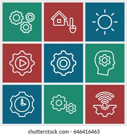 Gear icons set. set of 9 gear outline icons such as contrast