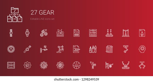 gear icons set. Collection of gear with engine, worker, basketball, settings, files, tools, file, industrial robot, watch, setting, bike. Editable and scalable gear icons.