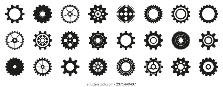 Iconos del engranaje. Conjunto de diferentes iconos de la rueda cognoscitiva. Señales de marcha simples. Iconos de los engranajes negros
