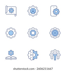 Gear icons set. Line Duotone style, editable stroke. manual book, blueprint, settings, gear, brain, smartphone.