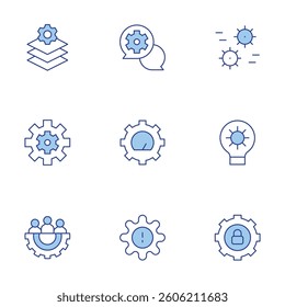 Gear icons set. Line Duotone style, editable stroke. gears, team management, maintenance, chat, process, gear, padlock.