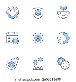 Gear icons set. Line Duotone style, editable stroke. calendar, gear, user, development, security, gears, brain, group, engineering.